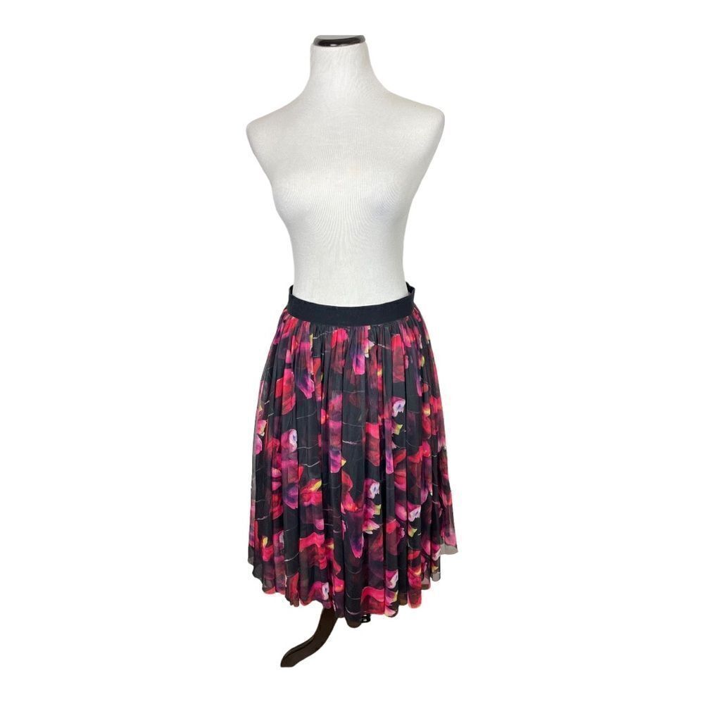 Black Pink Floral Tulle Skirt Womens Medium Elastic Waist A-Line Layered Midi